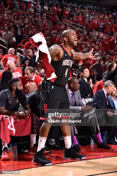 Tucker of the Houston Rockets reacts against the Golden State Warriors in Game Five of the Western Conference Finals during the 2018 NBA Playoffs on...