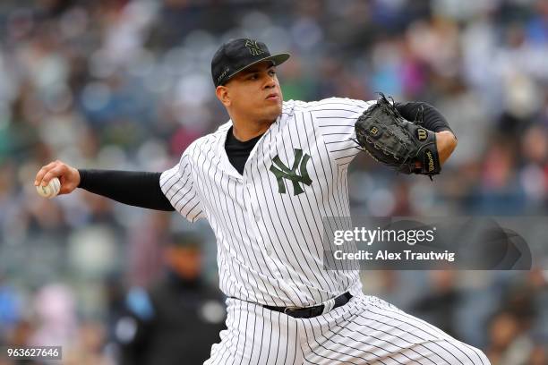 Dellin Betances of the New York Yankees pitches during a game against the Los Angeles Angels at Yankee Stadium on Sunday, May 27, 2018 in the Bronx...