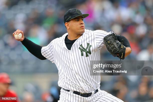 Dellin Betances of the New York Yankees pitches during a game against the Los Angeles Angels at Yankee Stadium on Sunday, May 27, 2018 in the Bronx...