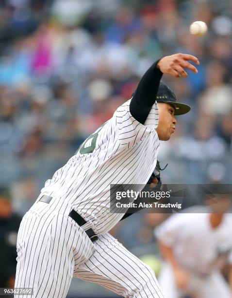 Dellin Betances of the New York Yankees pitches during a game against the Los Angeles Angels at Yankee Stadium on Sunday, May 27, 2018 in the Bronx...