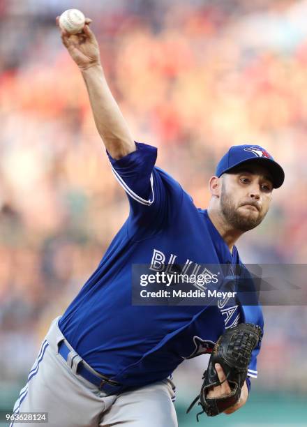 Marco Estrada of the Toronto Blue Jays during the second inning against the Boston Red Sox at Fenway Park on May 29, 2018 in Boston, Massachusetts.