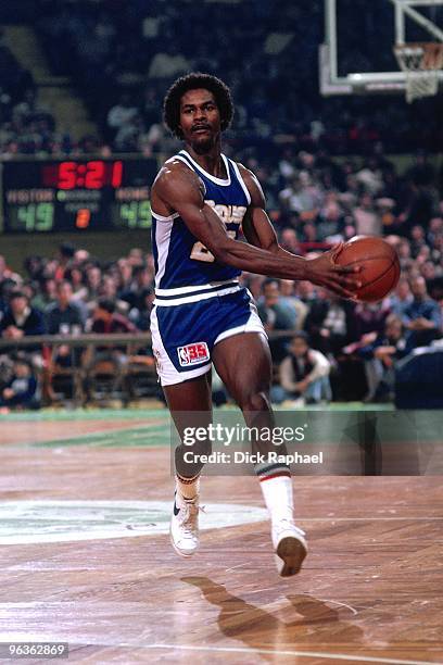Dunn of the Denver Nugets moves the ball up court against the Boston Celtics during a game played in 1981 at the Boston Garden in Boston,...