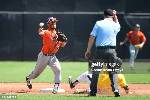 Henry Sanchez of UT Tyler turns a double play against Texas Lutheran University during the 2018 NCAA Photos via Getty Images Division III Baseball...