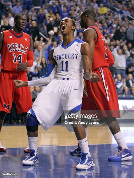 John Wall of the Kentucky Wildcats celebrates during the SEC game against the Ole Miss Rebels on February 2, 2010 at Rupp Arena in Lexington,...