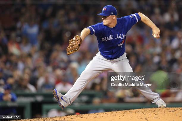 Aaron Loup of the Toronto Blue Jays pitches against the Boston Red Sox during the fifth inning at Fenway Park on May 29, 2018 in Boston,...