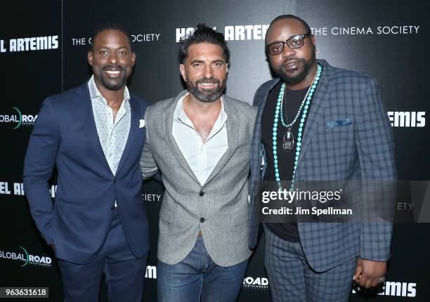 Actor Sterling K. Brown, director Drew Pearce and actor Brian Tyree Henry attend the screening of "Hotel Artemis" hosted by Global Road Entertainment...