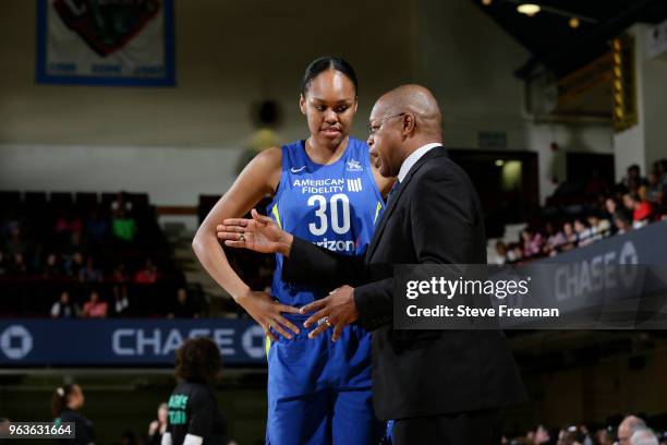 Head Coach Fred Williams talks to Azura Stevens of the Dallas Wingson May 29, 2018 at Westchester County Center in White Plains, New York. NOTE TO...