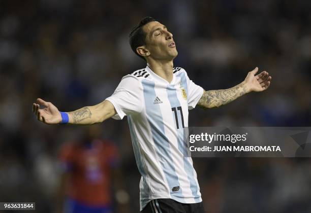 Argentina's Angel Di Maria gestures during the international friendly football match against Haiti at Boca Juniors' stadium La Bombonera in Buenos...