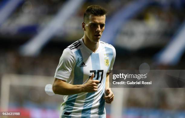 Giovani Lo Celso of Argentina looks on during an international friendly match between Argentina and Haiti at Alberto J. Armando Stadium on May 29,...