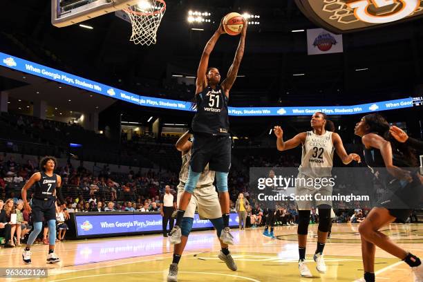 Jessica Breland of the Atlanta Dream gets the rebound against the Minnesota Lynx on May 29, 2018 at McCamish Pavilion in Atlanta, Georgia. NOTE TO...