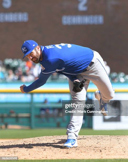 Brian Flynn of the Kansas City Royals pitches during the game against the Detroit Tigers at Comerica Park on April 22, 2018 in Detroit, Michigan. The...