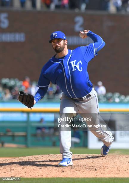 Brian Flynn of the Kansas City Royals pitches during the game against the Detroit Tigers at Comerica Park on April 22, 2018 in Detroit, Michigan. The...