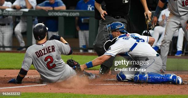 Brian Dozier of the Minnesota Twins is tagged out by Drew Butera of the Kansas City Royals as he tries to score in the third inning at Kauffman...