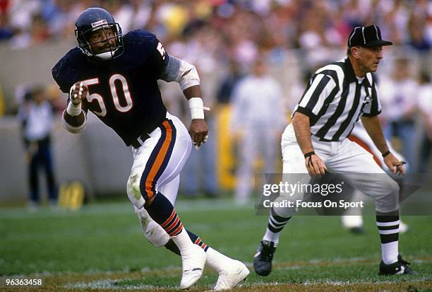 S: Middle Linebacker Mike Singletary of the Chicago Bears in action during a circa late 1980's NFL football game at Soldier Field in Chicago,...