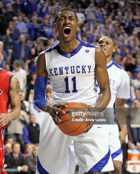 John Wall of the Kentucky Wildcats celebrates during the SEC game against the Ole Miss Rebels on February 2, 2010 at Rupp Arena in Lexington,...