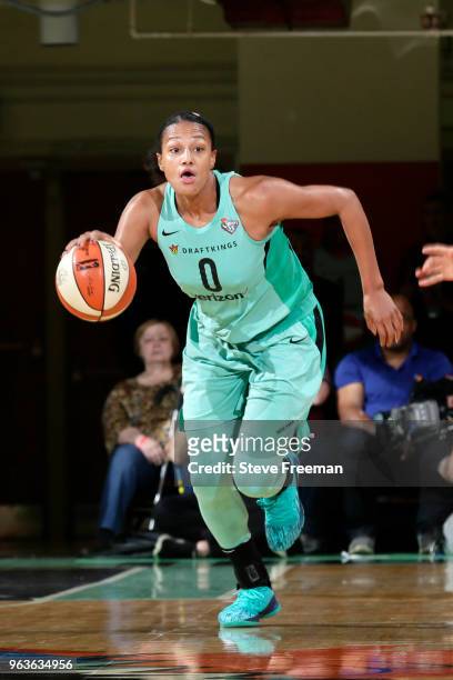 Marissa Coleman of the New York Liberty handles the ball against the Dallas Wings on May 29, 2018 at Westchester County Center in White Plains, New...