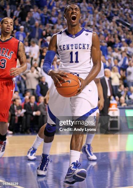 John Wall of the Kentucky Wildcats celebrates during the SEC game against the Ole Miss Rebels on February 2, 2010 at Rupp Arena in Lexington,...