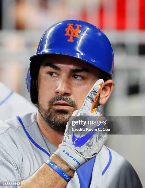 Adrian Gonzalez of the New York Mets reacts after hitting a solo homer in the fourth inning against the Atlanta Braves at SunTrust Park on May 29,...