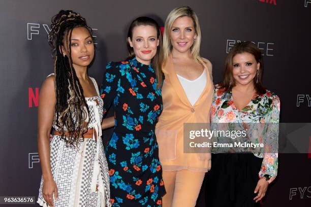 Actors Logan Browning, Gillian Jacobs, June Diane Raphael, and Justina Machado attend 'Comediennes: In Conversation at Netflix FYSEE' at Raleigh...