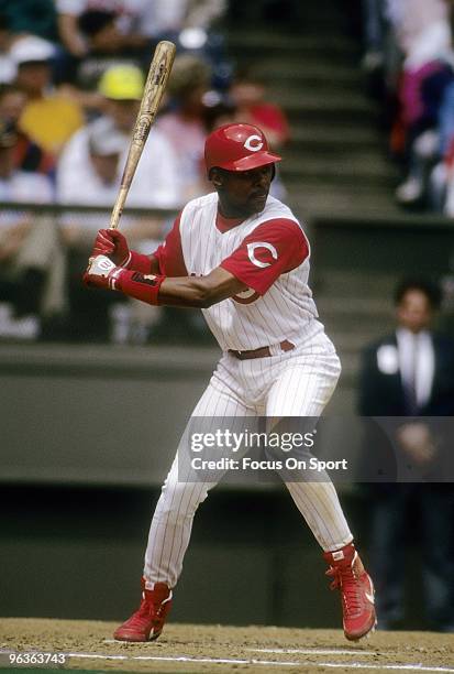 S: Shortstop Barry Larkin of the Cincinnati Reds in action at the plate waiting on the pitch during a MLB baseball game circa 1990's at Riverfront...