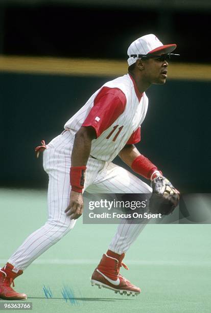 S: Shortstop Barry Larkin of the Cincinnati Reds in action ready to make a play on the ball during a MLB baseball game circa 1990's at Riverfront...