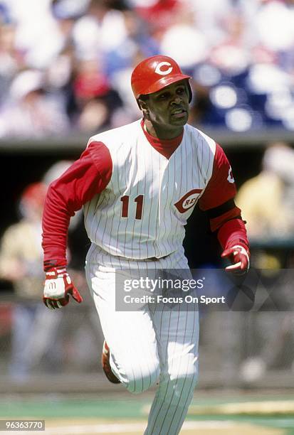 S: Shortstop Barry Larkin of the Cincinnati Reds in action hustling up the first baseline during a MLB baseball game circa 1990's at Riverfront...