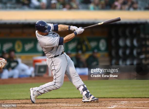 Wilson Ramos of the Tampa Bay Rays hits a home run off of Daniel Gossett of the Oakland Athletics in the third inning at Oakland Alameda Coliseum on...