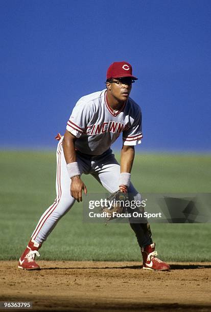 Shortstop Barry Larkin of the Cincinnati Reds in action down and ready to make a play on the ball during a circa late 1980's MLB baseball game ....