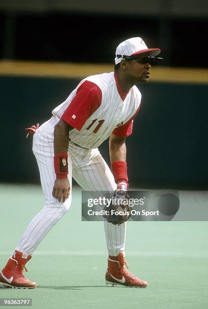 S: Shortstop Barry Larkin of the Cincinnati Reds in action ready to make a play on the ball during a MLB baseball game circa 1990's at Riverfront...
