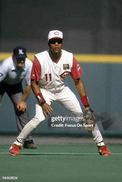 Shortstop Barry Larkin of the Cincinnati Reds in action ready to make a play on the ball during a MLB baseball game circa 1994 at Riverfront Stadium...