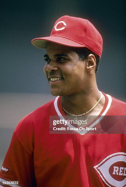 Shortstop Barry Larkin of the Cincinnati Reds on the field smiling priors to the start of a MLB baseball game circa 1990's. Larkin played for the...