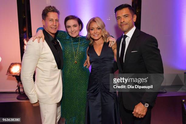 Bruce Bozzi, Lena Dunham, Kelly Ripa and Mark Consuelos attend Lincoln Center's American Songbook Gala at Alice Tully Hall on May 29, 2018 in New...