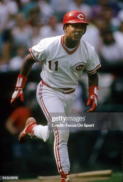 S: Shortstop Barry Larkin of the Cincinnati Reds in action hustling down the first baseline during a MLB baseball game circa 1990's at Riverfront...