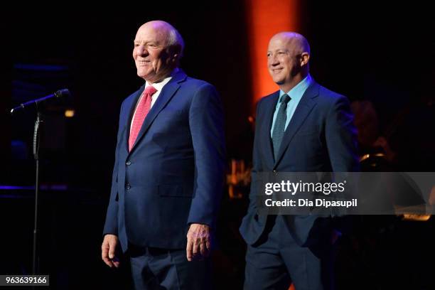 Gala co-chair Barry Diller and Bryan Lourd speak onstage during Lincoln Center's American Songbook Gala at Alice Tully Hall on May 29, 2018 in New...