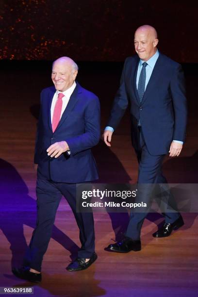 Gala co-chair Barry Diller and Bryan Lourd speak onstage during Lincoln Center's American Songbook Gala at Alice Tully Hall on May 29, 2018 in New...