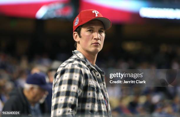 Actor Miles Teller attends the Los Angeles Dodgers Game at Dodger Stadium on May 29, 2018 in Los Angeles, California.