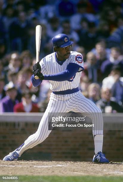 S: Outfielder Andre Dawson of the Chicago Cubs stands at the plate waiting on the pitch during a late circa 1980's Major League Baseball game at...