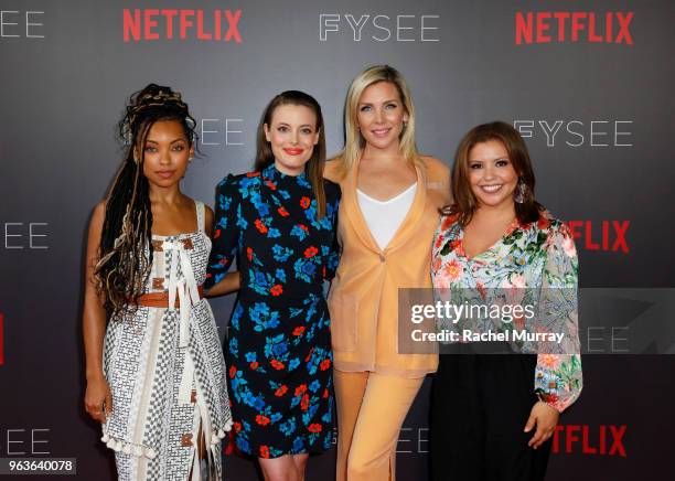 Logan Browning, Gillian Jacobs, June Diane Raphael and Justina Machado attend Comediennes: In Conversation at Raleigh Studios on May 29, 2018 in Los...