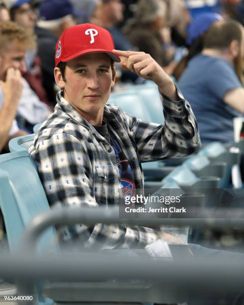 Actor Miles Teller attends the Los Angeles Dodgers Game at Dodger Stadium on May 29, 2018 in Los Angeles, California.
