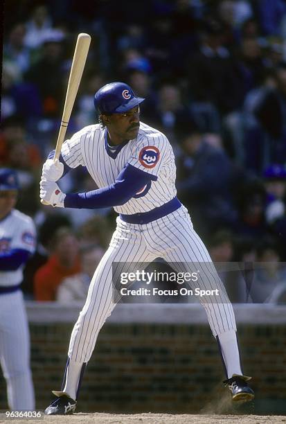 S: Outfielder Andre Dawson of the Chicago Cubs stands at the plate waiting on the pitch during a late circa 1980's Major League Baseball game at...