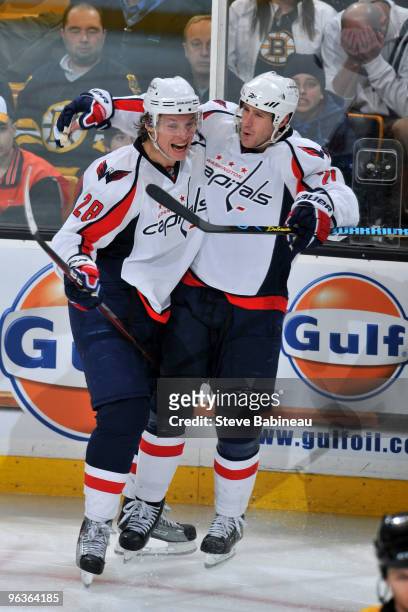 Alexander Semin and Brooks Laich of the Washington Capitals celebrate a goal against the Boston Bruins at the TD Garden on February 2, 2010 in...