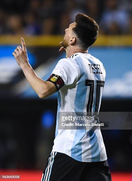 Lionel Messi of Argentina celebrates after scoring the first goal of his team during an international friendly match between Argentina and Haiti at...