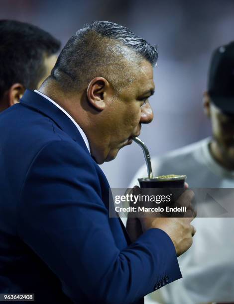 Claudio Tapia President of AFA drinks mate before an international friendly match between Argentina and Haiti at Alberto J. Armando Stadium on May...