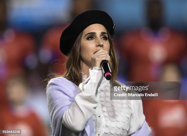 The Argentine singer Soledad Pastoruti sings the Argentine anthem before an international friendly match between Argentina and Haiti at Alberto J....