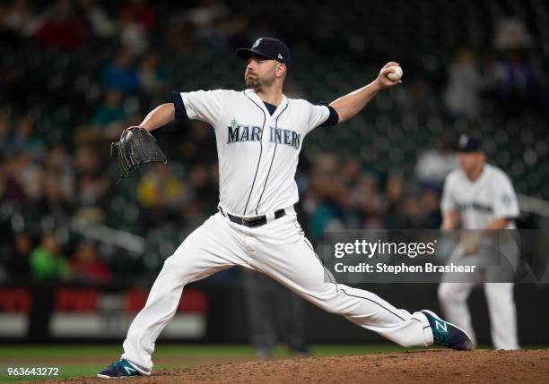 Reliever Marc Rzepczynski of the Seattle Mariners delivers a pitch during the seventh inning of a game at Safeco Field on May 29, 2018 in Seattle,...