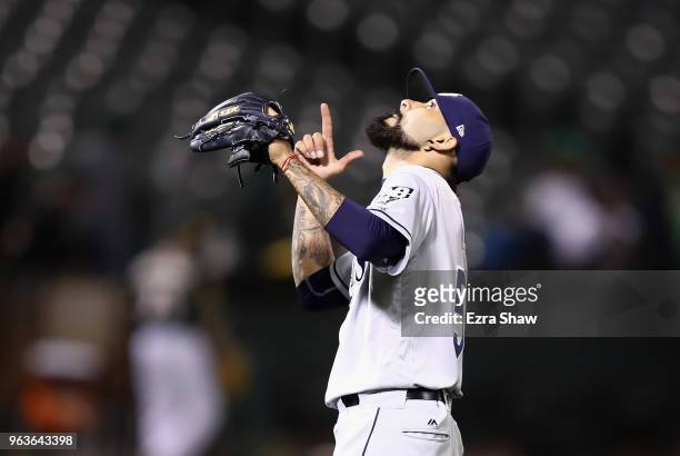 Sergio Romo of the Tampa Bay Rays reacts after beating the Oakland Athletics at Oakland Alameda Coliseum on May 29, 2018 in Oakland, California.