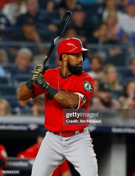 Chris Young of the Los Angeles Angels of Anaheim in action against the New York Yankees at Yankee Stadium on May 26, 2018 in the Bronx borough of New...