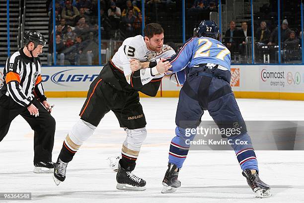 Mike Brown of the Anaheim Ducks fights with Chris Thorburn of the Atlanta Thrashers at Philips Arena on January 26, 2010 in Atlanta, Georgia.