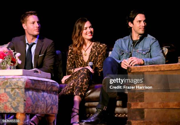 Justin Hartley, Mandy Moore, Milo Ventimiglia attend 20th Century Fox Television And NBC's "This Is Us" FYC Screening And Panel at The Theatre at Ace...