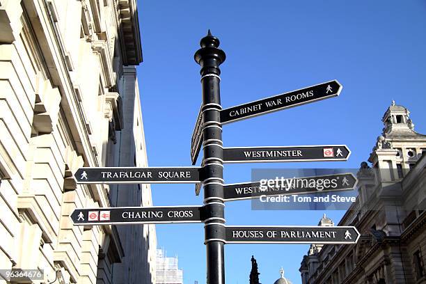 directions signpost london - straßenschild stock-fotos und bilder